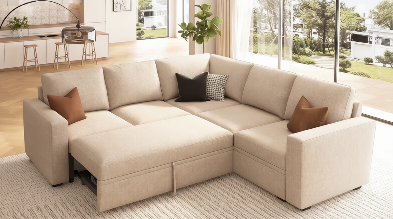 HONBAY Modular Sectional Sleeper Sofa with Pull Out Bed, L Shaped Couch with Storage Seat, Convertible Sectional Couches for Living Room, Beige