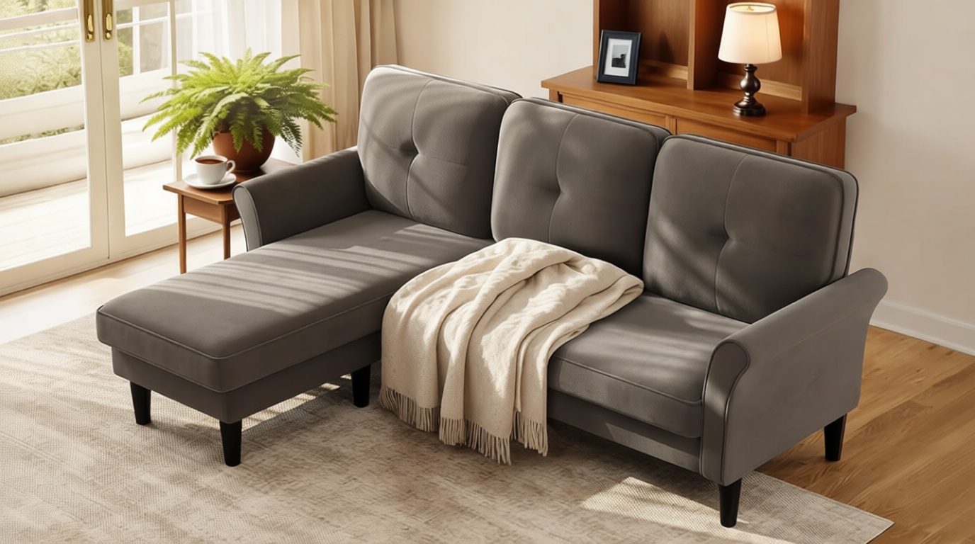 Welzona Sofas for Living Room, 83" Velvet Sectional Couch with Moveable Ottoman, Midcentury Modern Small Sectional Couch, L Shape Sofa & 3 Seater, Couches for Living Room, Apartment, Bedroom, Grey