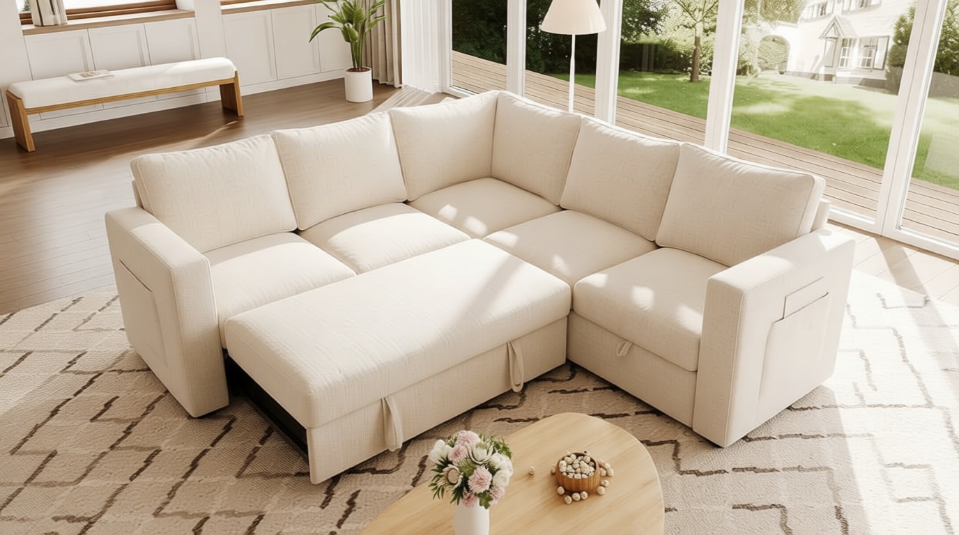 83.5" Sectional Sleeper Sofa with Pull Out Couch, Modern 5 Seat L Shaped Modular Couch, Sectionals Modular Sofa with Storage, Comfy Sectional Couches for Living Room & Apartment, Light Beige