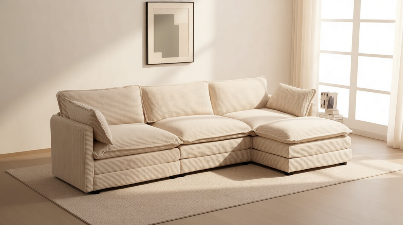 ROWHY Oversized Modular Sectional Sofa with Movable Ottoman, 112 Inch 4 Seat Modern Corduroy Sofa Set, Convertible L Shaped Couch for Living Room and Office, Beige Global Recycled Standard