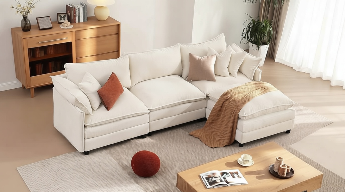 Vesgantti 108" Modular Sectional Sofa, Comfy Cloud Couch with Movable Ottoman Deep Seat Chenille L Shaped Modular Sofa, Sectional Couches for Living Room, Bedroom and Apartment, Beige | Sink-in Comfort, Height Adjustable, Easy Rearrangement, Extra-deep Ottoman, Solid Wood Frame The Forest Stewardship Council