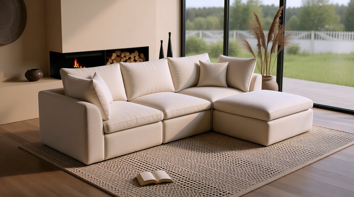 ohllob 110" Cloud Sectional Couches for Living Room, Convertible L-Shape Couch with Ottoman, 3 Seater Modular Sectional Sofa, Warm White