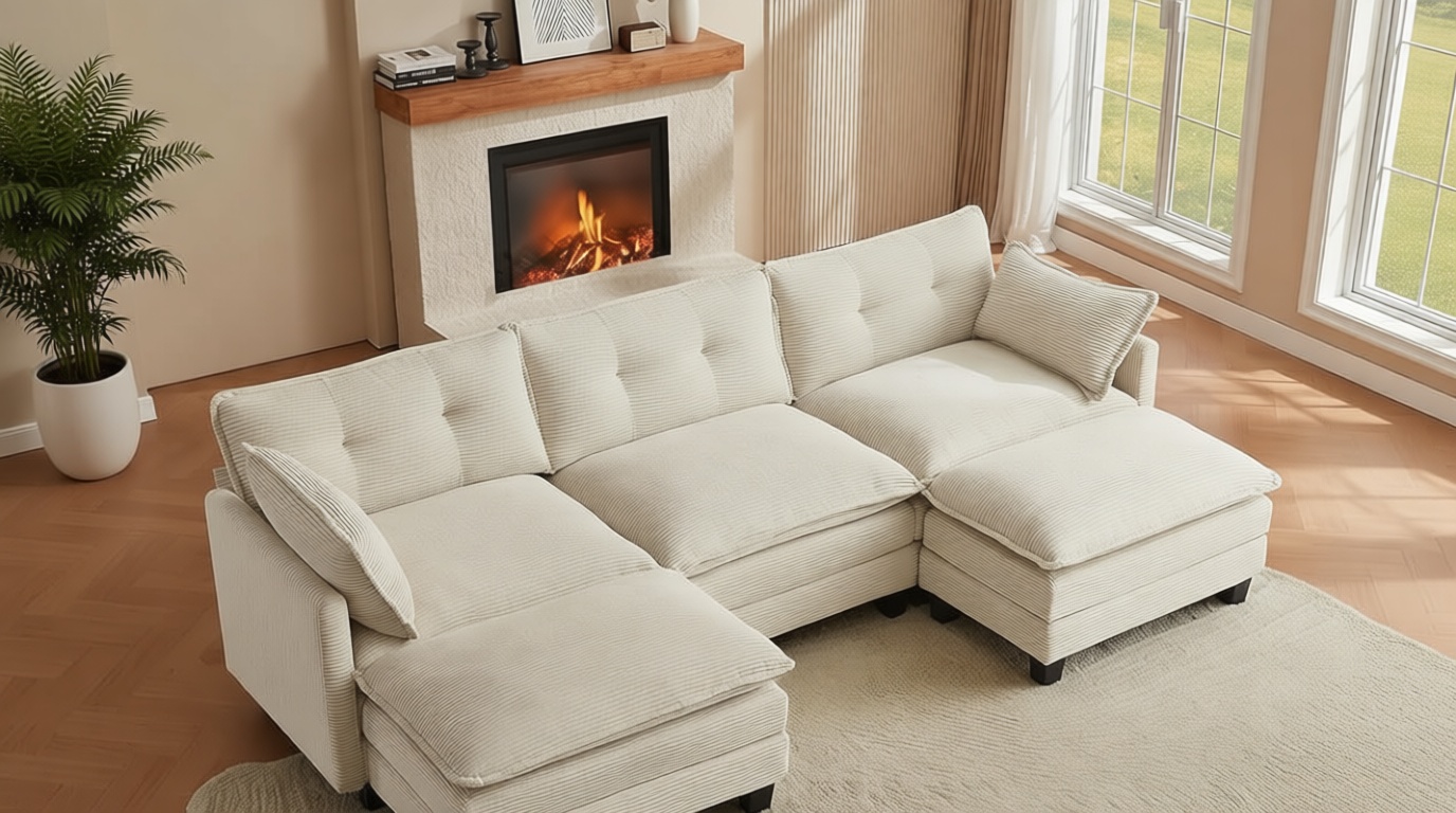 Amsleekey Modular Sectional Sofa, 111.5" U-Shaped Corduroy Comfy Sectional Couches for Living Room, 3-Seater Cloud Couches with 2 Movable Ottomans, Flexible Combination Modern Deep Seat Sofa (Beige)