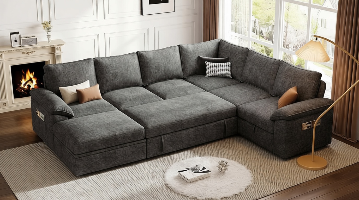 108 Inch Sectional Sleeper Sofa with Pull Out Bed, U Shaped 7 Seat Modular Sectional Sofa with Storage, Sectional Couches for Living Room, Cloud Modular Couch, Removable Sofa Cover, Dark Grey