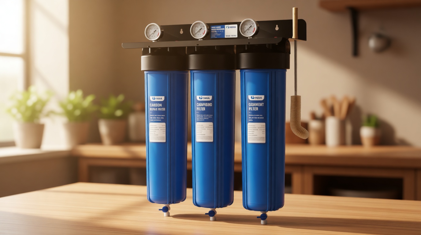 HQUA WF3-01 3-Stage Whole House Water Filtration System, Reduces Heavy Metals (Lead, Mercury, Copper, Nickel, Chromium), Chloramine, Sediment, Odor, and VOC’s