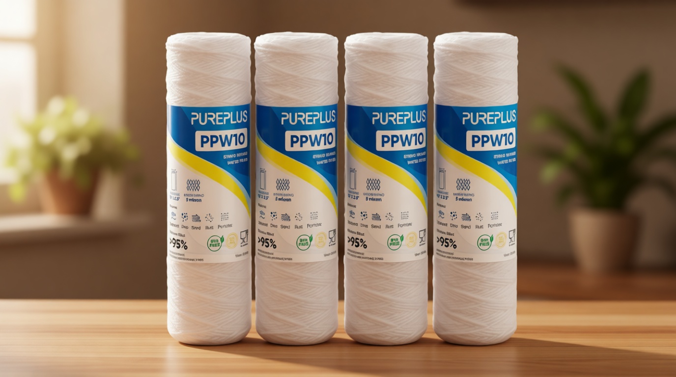 PUREPLUS 5 Micron 10"x2.5" Whole House String Wound Sediment Filter for Well Water, Replacement Cartridge for Universal 10 inch RO System, WP-5, Aqua-Pure AP110, CFS110, Culligan P5, WFPFC4002, 4Pack