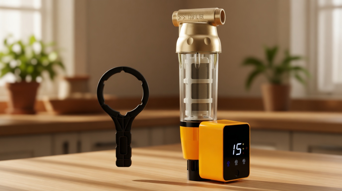 iSpring WSP50ARB Spin Down Sediment Water Filter, Reusable with Touch-Screen Auto Flushing Module and Built-in Housing Scraper, Brass Top Clear Housing, 50 Micron