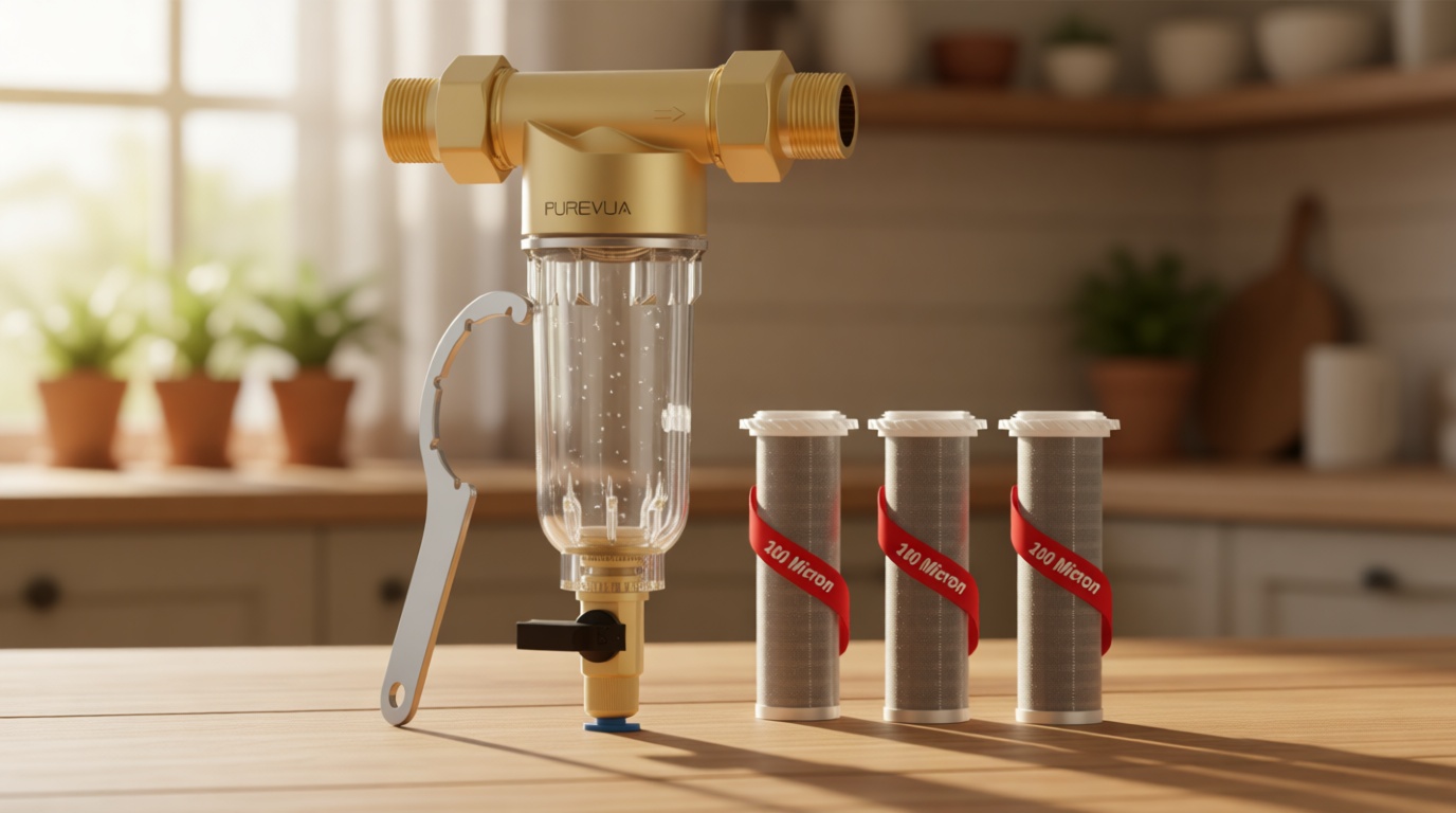 PSF1 Spin-Down Sediment Filter, Whole House Pre-Filter for Well Water & City Water, 40/100/200 Micron Reusable Stainless Steel Mesh, 1" MNPT + 3/4" FNPT & 3/4" MNPT Adapter