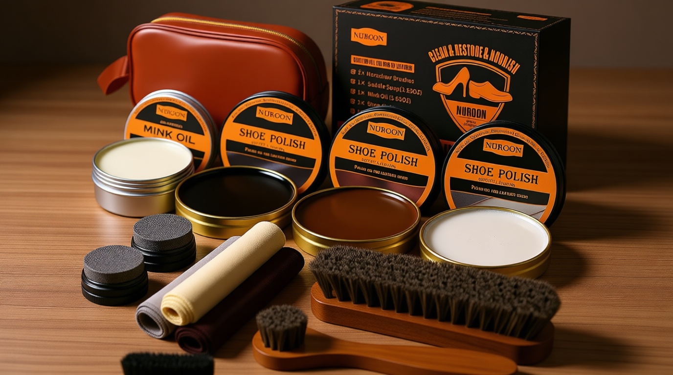 Nuroon 13Pcs Shoe Care Kit for Men & Women,3 Horsehair Shoe Polish Brush,Black Brown Neutral Mink Oil for Shoes,Care for Leather Boots, Shoe Cleaning Kit as Gift for Men with Shine Sponges & Care Cloth