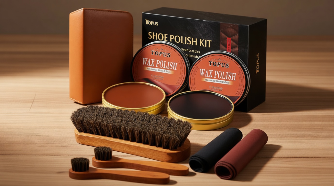 Topus 8 Pieces Shoe Polish Kit, Includes 2Pcs 1.4Oz Brown Shoe Wax, 3 Pieces Horsehair Boots Brushes, 2Pcs Shine Cloths