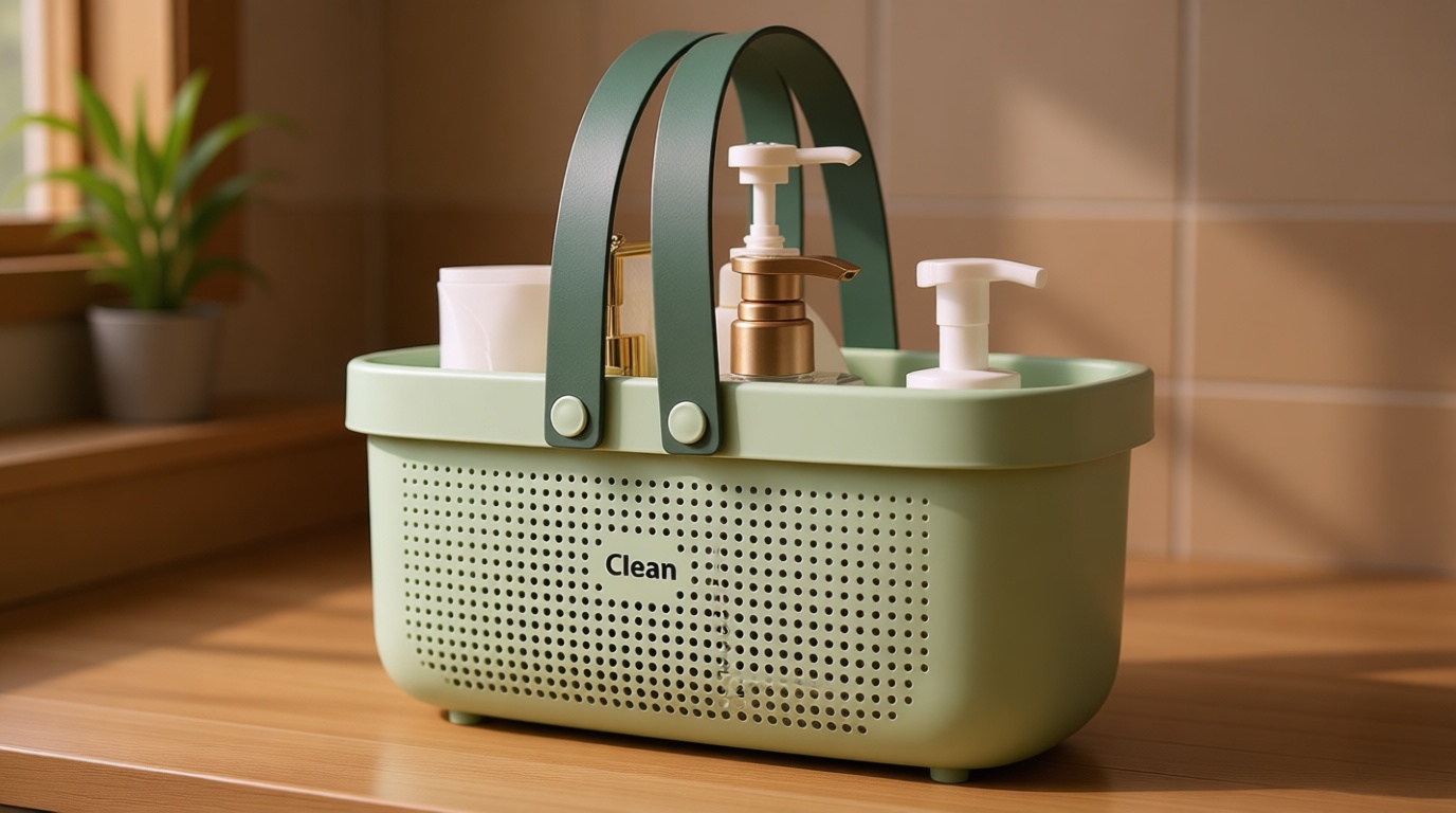 JiatuA Plastic Storage Basket with Handle Portable Shower Caddy Tote Organizer Basket Bin for Bathroom Kitchen Dorm Room Bedroom, Green