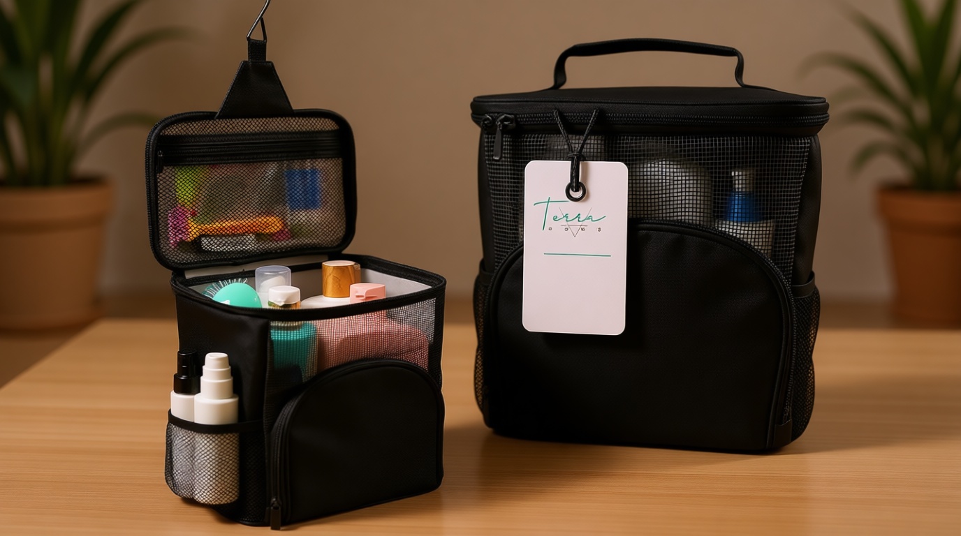 TERRA HOME Original Portable Shower Caddy For College Dorms - Foldable Mesh Tote - Dorm Room Essentials - Durable Hanging Travel Shower Bag - Perfect for College Students, Men, Women (Black)