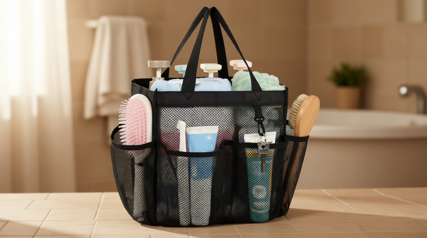 F-color Mesh Shower Caddy Portable for College Dorm Room Essentials with S Hook, 8 Pockets 2 Handles Quick Dry Shower Bag for Camping, Travel, Gym, Bathroom, Hanging Toiletry Organizer, Black