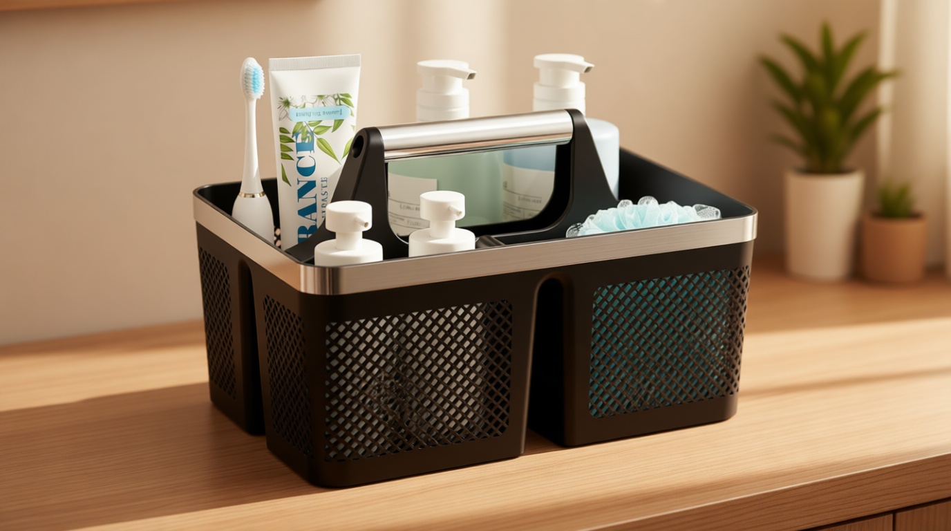 BYUNER Black Shower Caddy Portable: Plastic Bathroom Caddy Organizer with Handle and Holes, Cleaning Caddy, Hard Shower Basket Storage Tote for Toiletry, College Dorm Room Essentials for Men