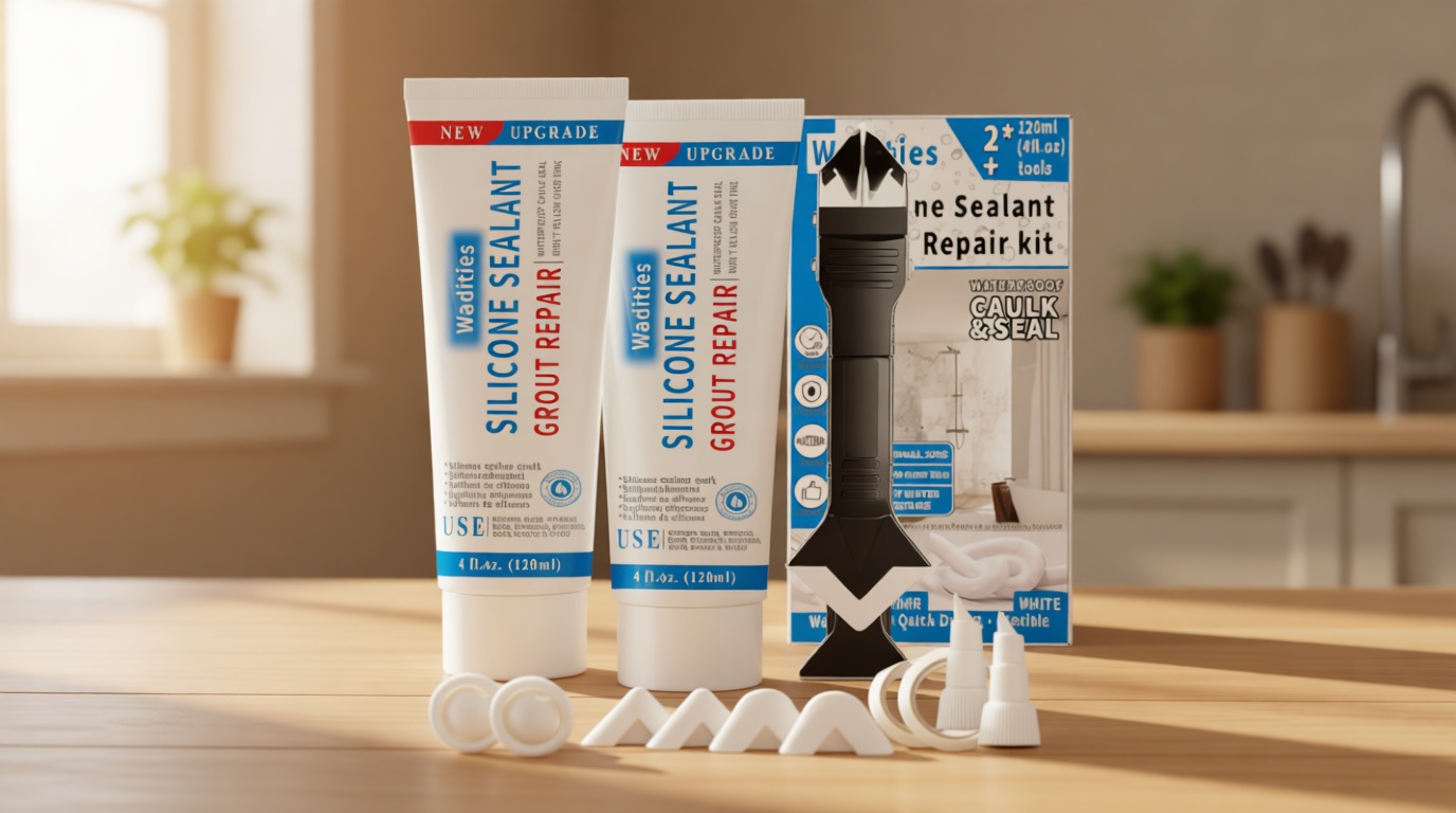 8Oz White Waterproof Caulk & Seal Silicone Sealant, Wadities Tile Grout Repair Kit with Grout Remove Scraper, Shrink & Crack Proof for Bathroom, Shower, Kitchen, Floor (4Oz, Pack of 2)