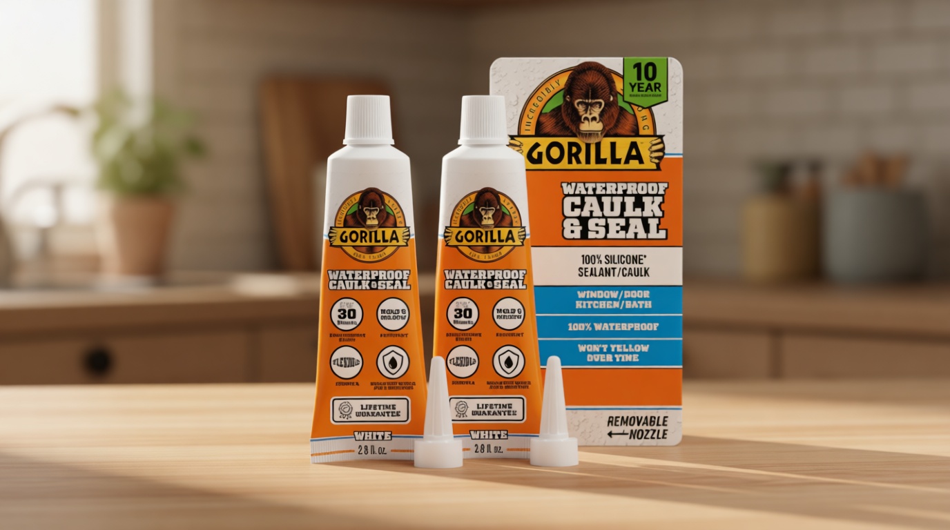 Gorilla 100% Silicone Caulk, Waterproof Sealant, 2.8oz Squeeze Tube (Pack of 2) – White -10 Year Mold Resistant Kitchen, Window, Bath, Marine, Door and More