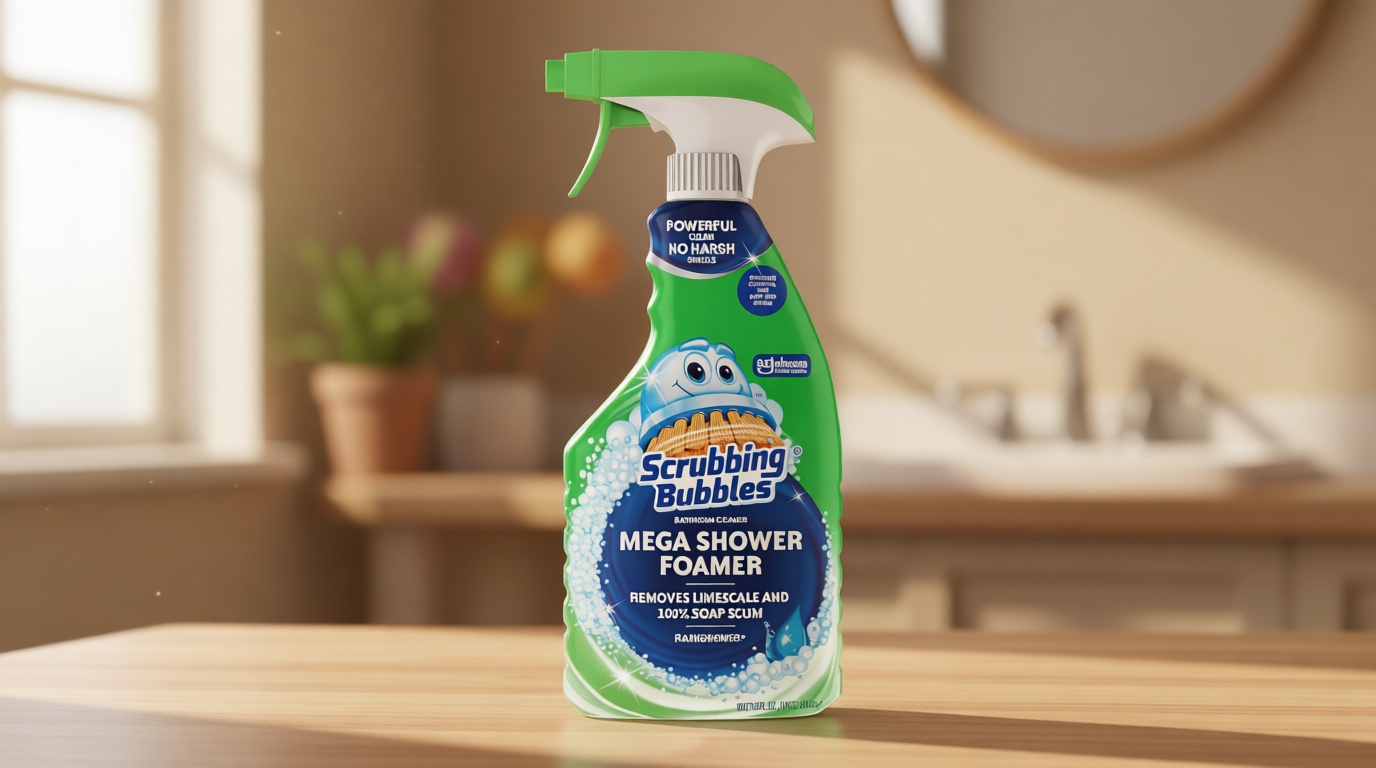 Scrubbing Bubbles Mega Bathroom and Shower Cleaner Spray, Foaming Action Removes Limescale and Soap Scum, Rainshower Scent, 32oz