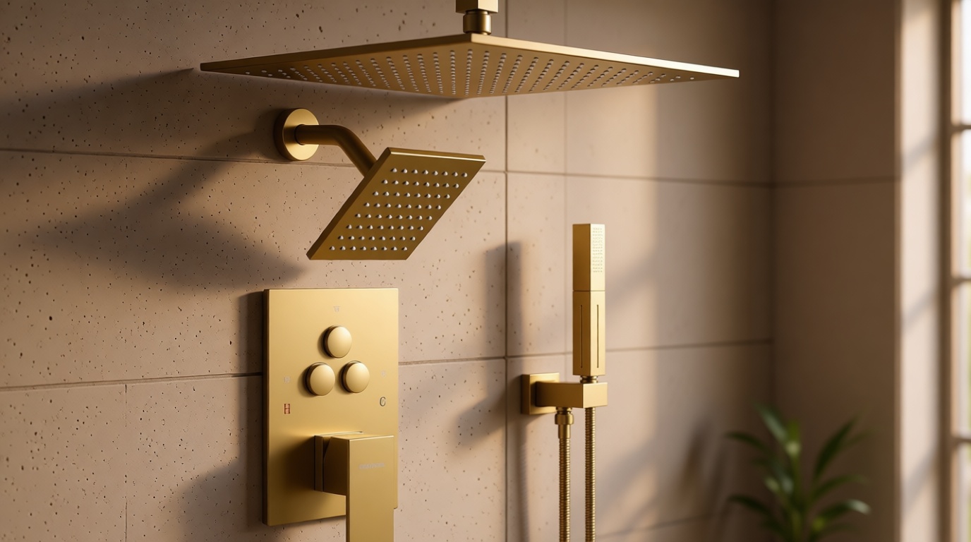 VANFOXLE Shower Faucet Set Brushed Gold Shower System,Push Button Diverter Shower Faucet with 2 in 1 Handheld,Ceiling Mount Increased Thickness 12 Inch Shower Head with 6 Inch Wall Mount Shower Head