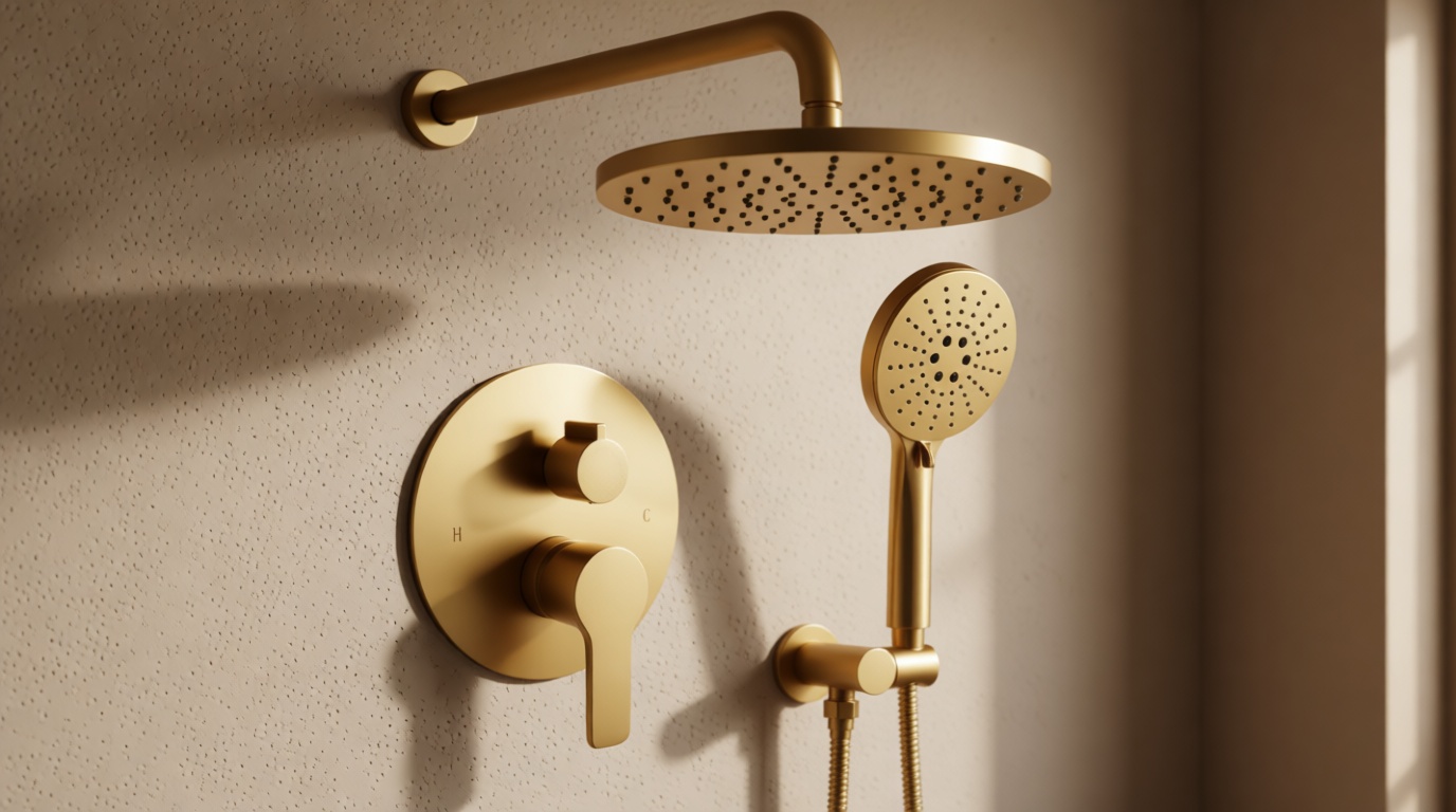 Iriber Shower System Wall Mounted Shower Faucet Mixer Set with Luxury High Pressure Shower head and 3-Setting Handheld, Bathroom Shower Trim Kit Contain Pressure Balance Valve,Brushed Gold