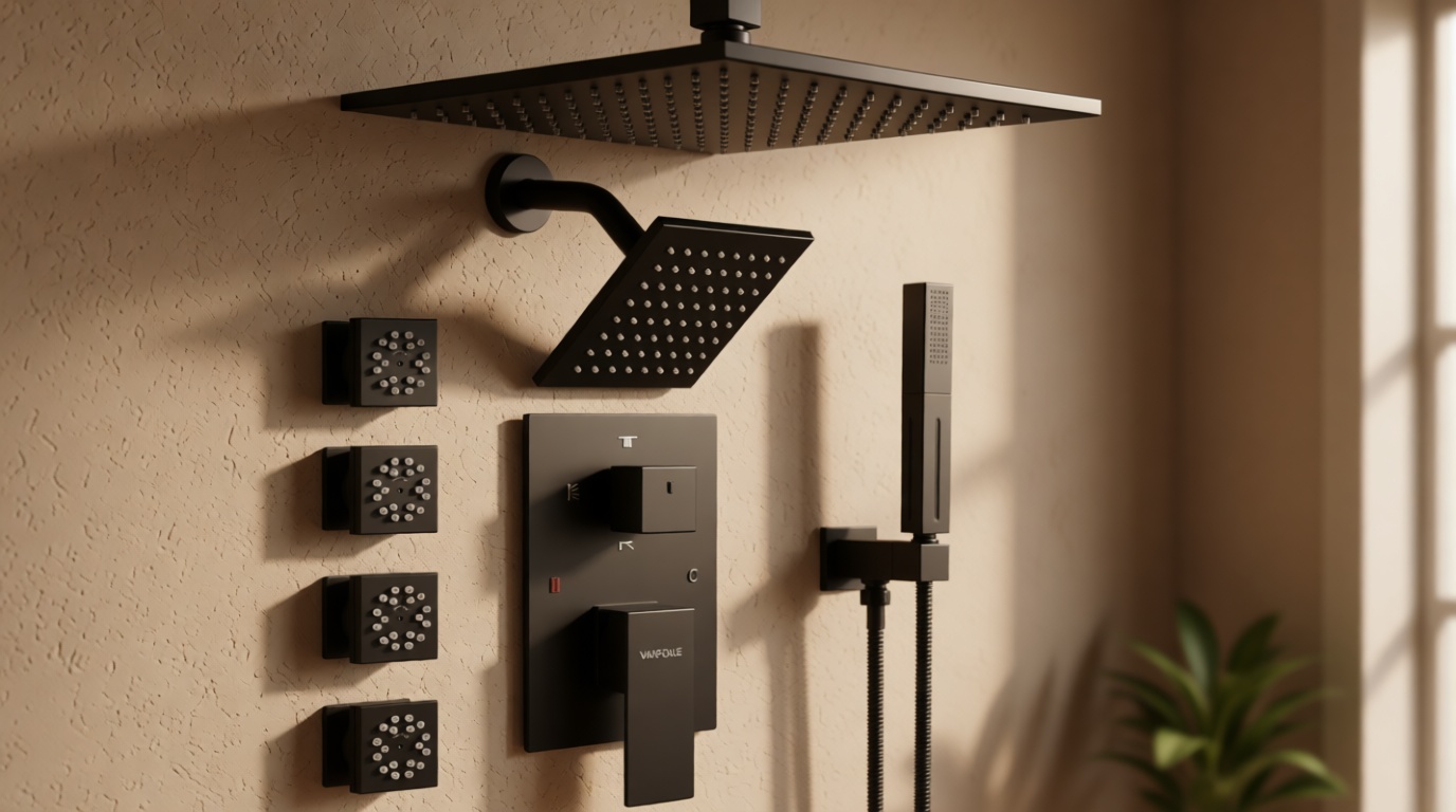 VANFOXLE Shower Faucet Set Matte Black Shower System,Four Modes Shower Faucet with 2 in 1 Handheld,Ceiling Mount 10 Inch Shower Head with 6 Inch Shower Head, 4 PCS Dual Modes Body Jets