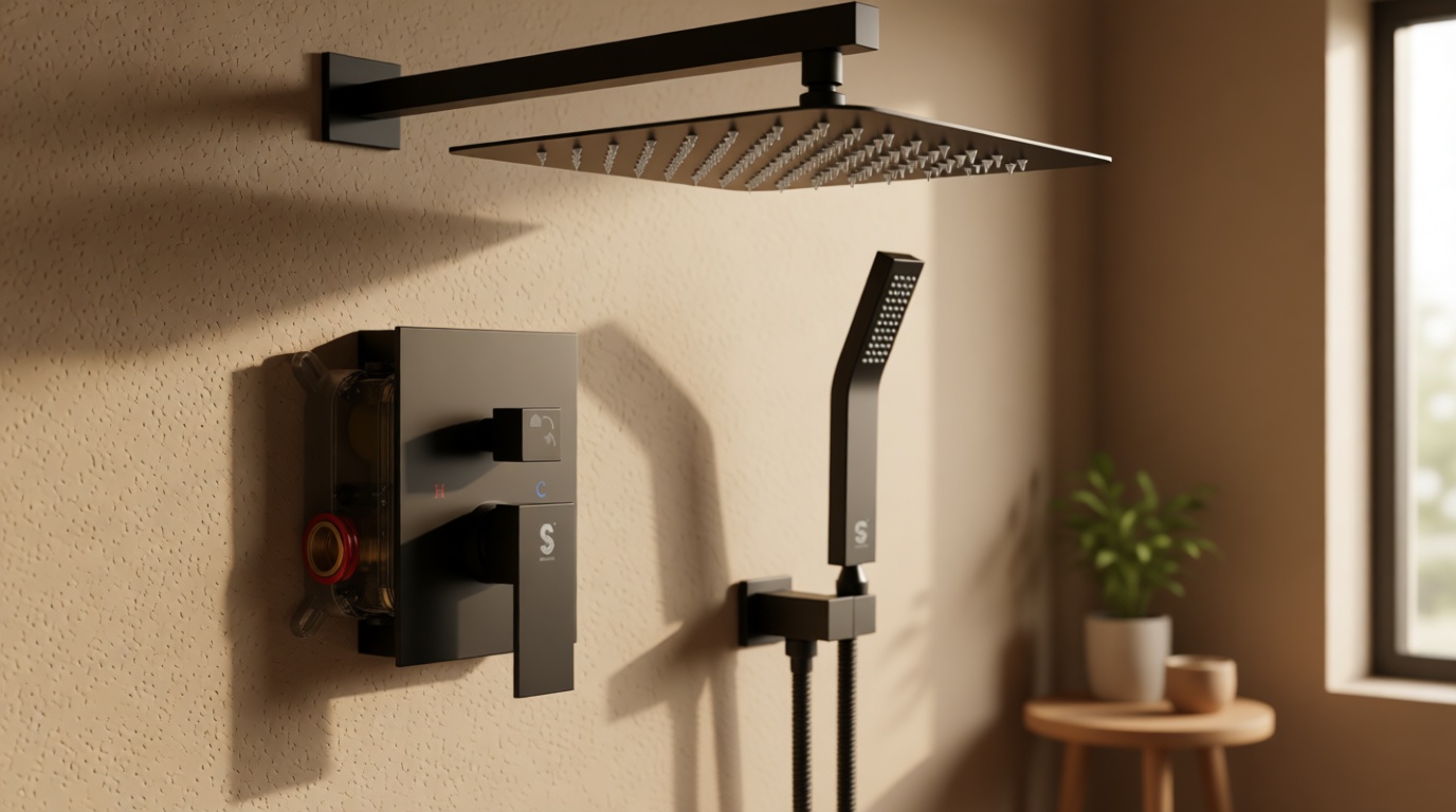 SR SUN RISE 12 Inches Matte Black Shower System 12 Inch Brass Bathroom Luxury Rain Mixer Shower Combo Set Wall Mounted Rainfall Shower Head System Shower Faucet Rough-in Valve Body and Trim Included WaterSense