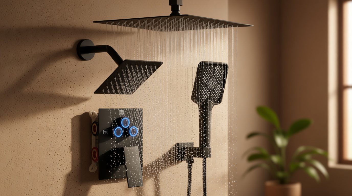 Shower Faucet Set, 12" Ceiling Mount Rainfall Shower System with 12" Top Head+6" Side Head and Multi-function Handheld Head Push Button Diverter Shower Faucet Trim Kit (12", Matte Black)