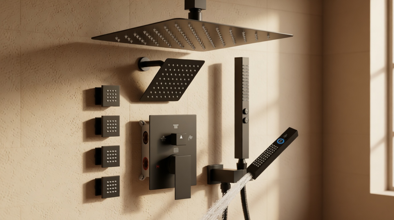 Shower System with Body Jets Matte Black, STARBATH 4 Way 12+6" Shower Faucet Sets Complete with 2 in 1 Handheld,Ceiling Mounted Rainfall Dual Shower Head with 4 Body Spray Jets, Shower Jets System