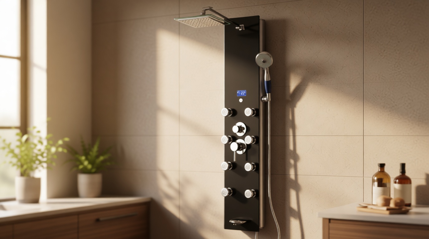 Blue Ocean 52" Aluminum SPA392B Shower Panel Tower System with Rainfall Shower Head and 8 Adjustable Massage Jets (Matte Black)