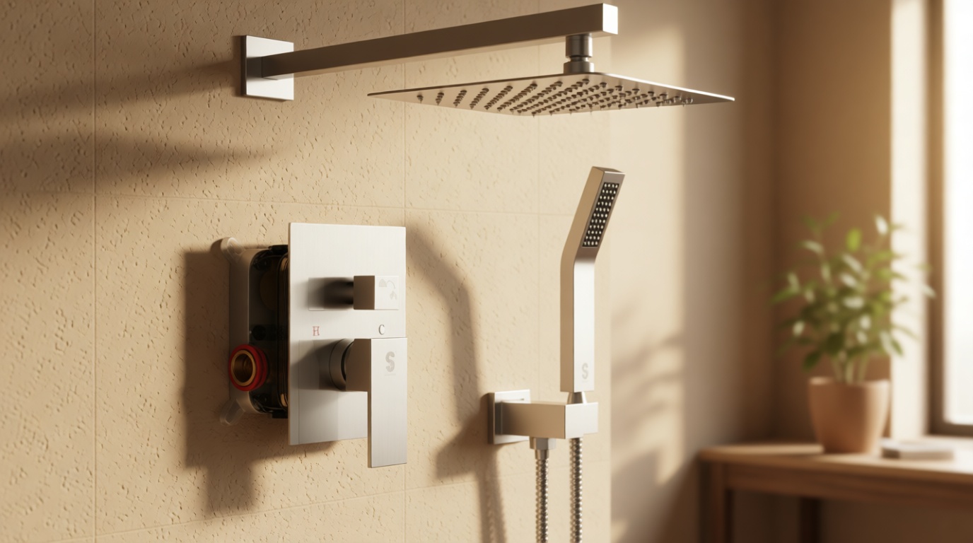 SR SUN RISE Shower Faucet Set Bathroom Square Rain Shower Head with Handheld Spray Wall Mounted Rainfall Shower Fixtures Brushed Nickel Shower Faucet Trim Repair Kits (Contain Shower Valve)10 Inches WaterSense