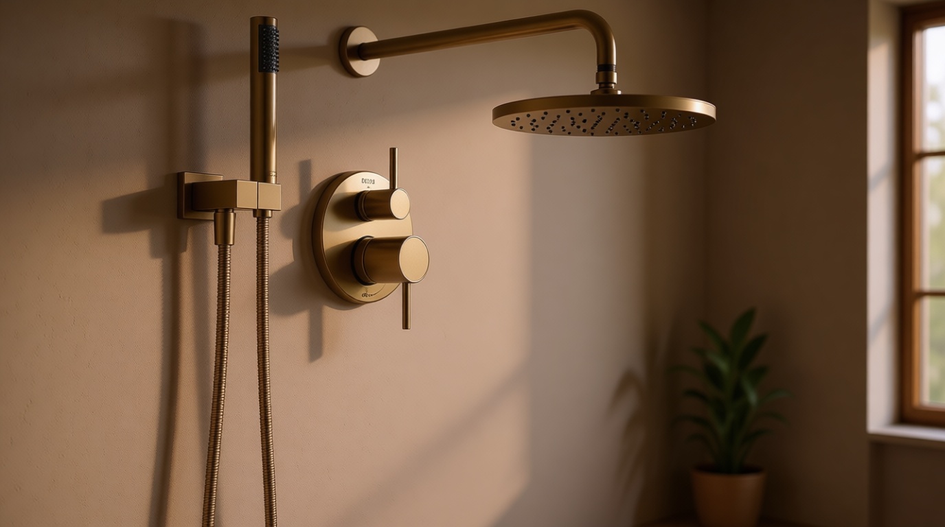 Delta Modern 14 Series Round Rain Shower System Faucet Set, Rainfall Brushed Gold Shower Head and Handle Set, Valve Trim Kit, 10 Inch, Champagne Bronze 342702-CZ