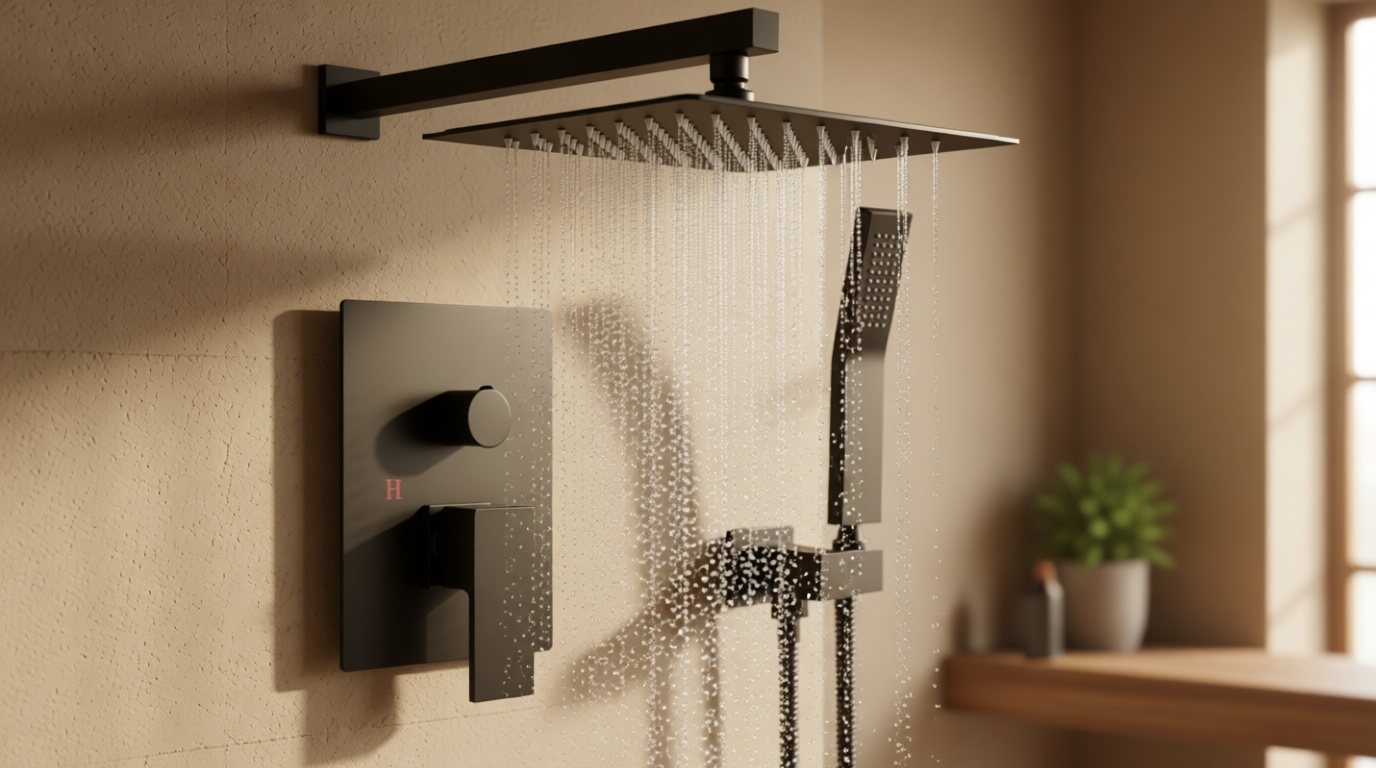 gotonovo Rainfall Bathroom Shower System Rain Shower Head and Handle Set Wall Mounted Shower Complete Combo Solid Brass Pressure Balancing Shower Mixer Valve 10 Inch Matte Black Recycled Claim Standard Blended