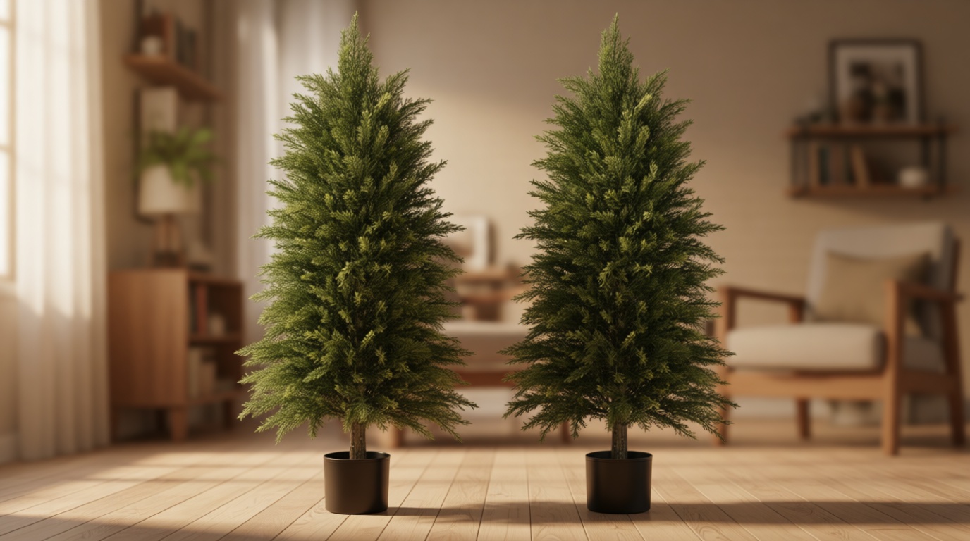 4FT Artificial Cedar Trees Set of 2, Realistic Faux Evergreen Topiary Bushes Plants, Outdoor Potted Fake Cypress Shrubs for Front Porch Garden Home Living Room Decor Global Recycled Standard