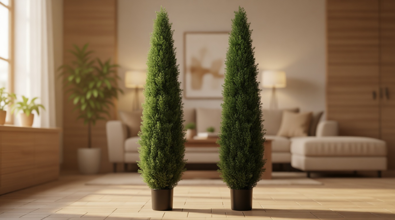 5FT Artificial Cedar Topiary Trees, 2 Pack UV Resistant Outdoor Indoor Faux Evergreen Shrubs, Potted Fake Cypress Plants for Front Porch Home Office Decor