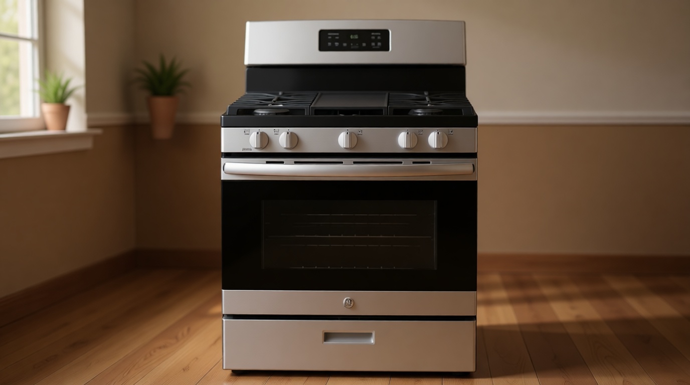 GE 30 Inch Free-Standing Gas Range, 5.0 cu. ft. Oven, 5 Sealed Burners, Broiler Drawer, Continuous Grates, Steam Clean, Simmer & Power Boil Burners, Non-Stick Griddle, Stainless Steel