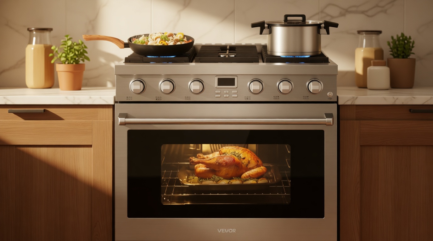 VEVOR Gas Range Oven, 36 Inches Width, Freestanding Stainless Steel Stove and Oven with 6 Sealed Cooktop Burners, Easy Reach Racks, Halogen Light, 6.0 Cu. Ft. Capacity, for Home Apartment Kitchen