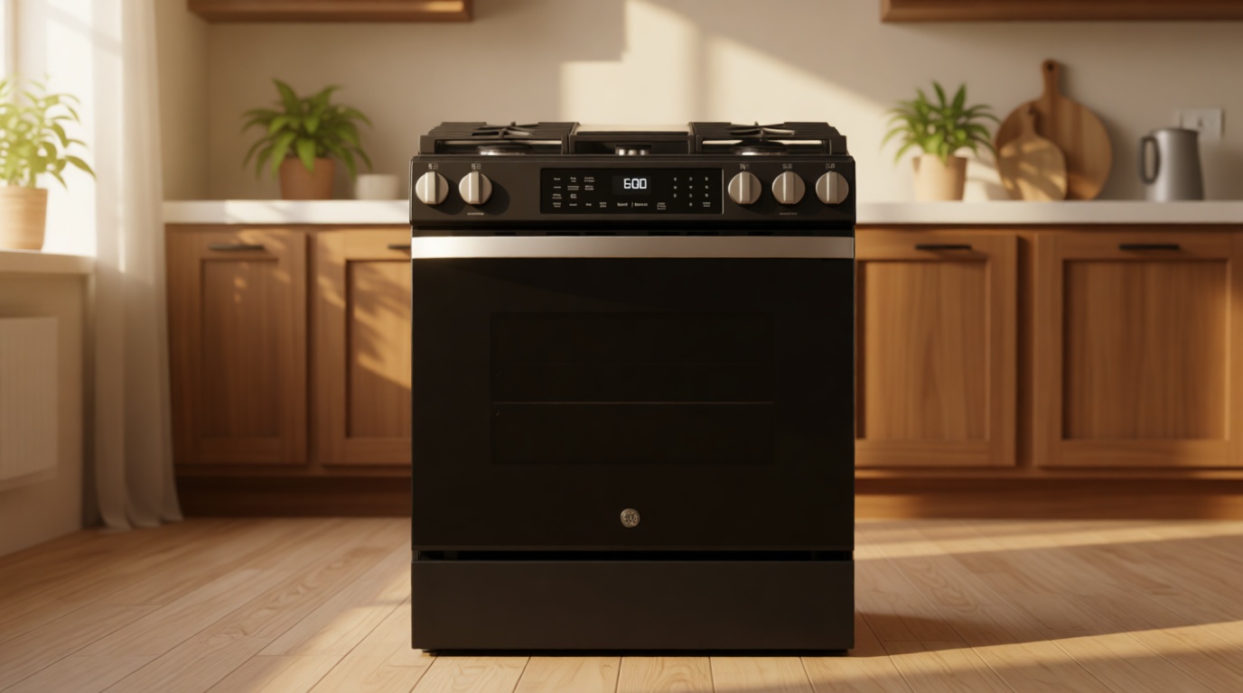 GE 30-Inch Slide-In Gas Smart Range with Convection, No-Preheat Air Fry, 5 Sealed Burners, Black Slate