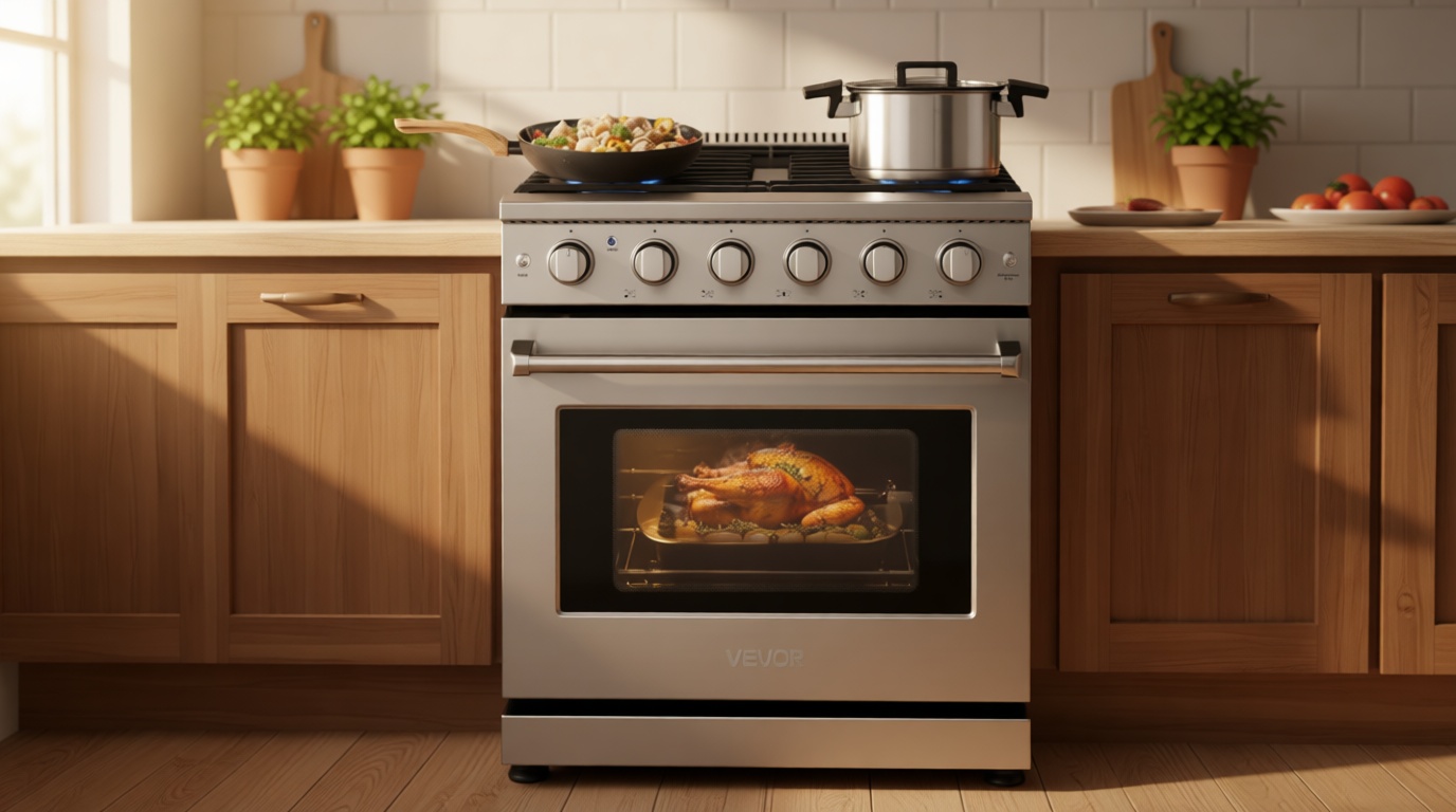 VEVOR Gas Range Oven, 30 Inches Width, Freestanding Stainless Steel Stove and Oven with 5 Sealed Cooktop Burners, Easy Reach Racks, Storage Drawer, 4.8 Cu. Ft. Capacity, for Apartment Home Kitchen