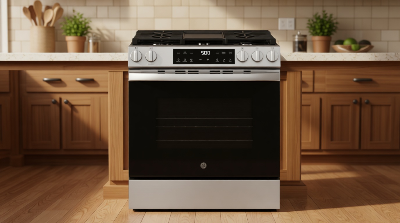 GE 30" Slide-In Front-Control Gas Range, 5.3 Cu. Ft. Oven, 5 Sealed Burners, Crisp Mode & Steam Clean, Stainless Steel – GGS500SVSS