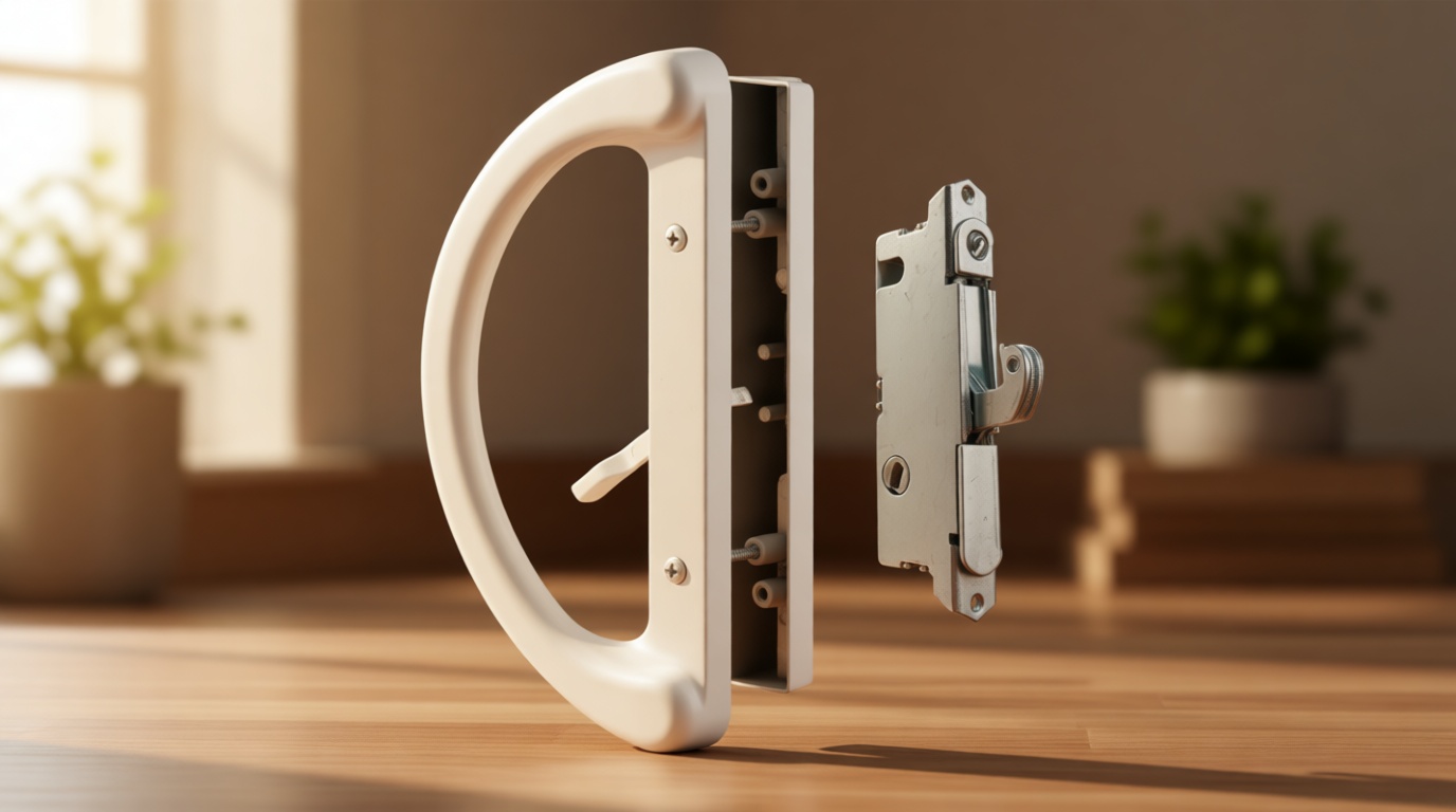 Patio Door Handle Set + Mortise Lock 45° Perfect Replacement for Sliding Glass Door Fits 3-15/16” Screw Hole Spacing, Non-keyed with Latch Locks,White Diecast,Reversible Design(Non-Handed)