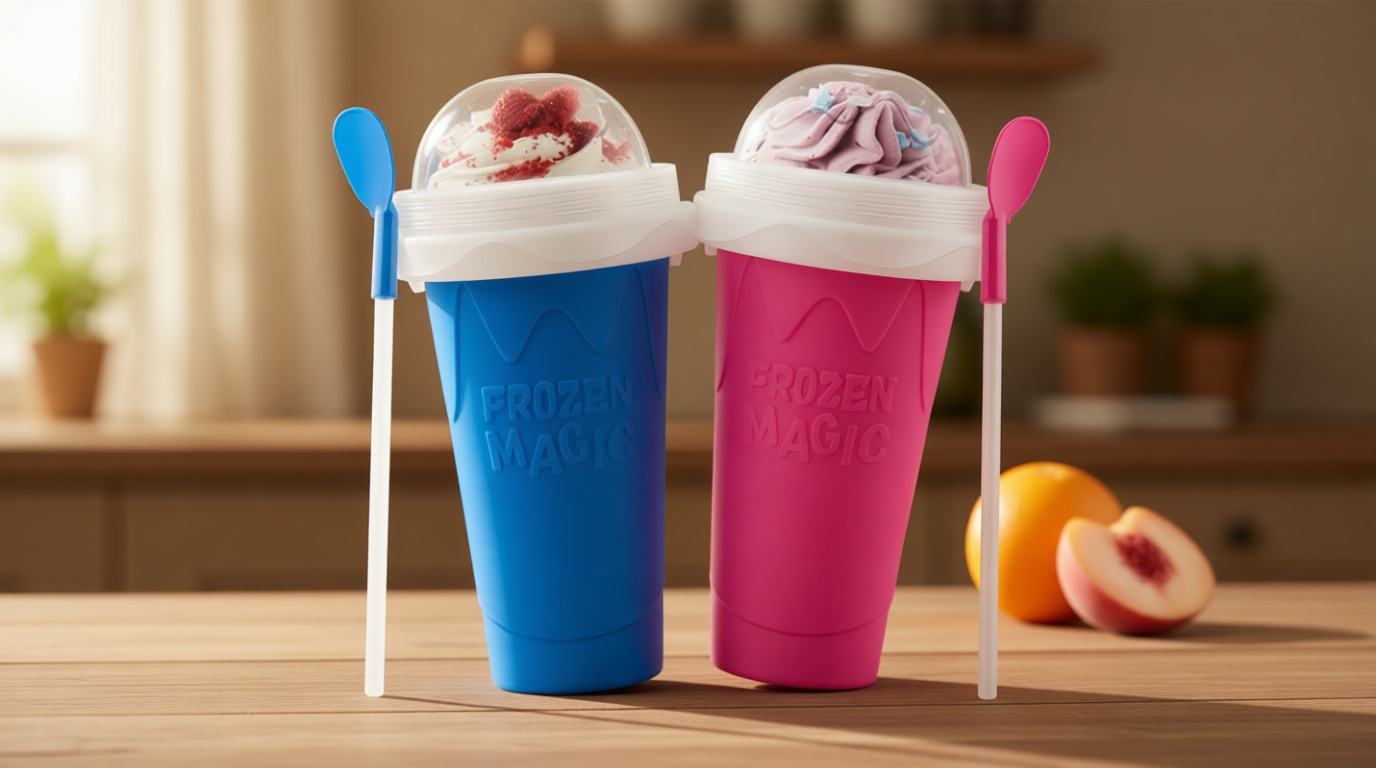 FANS-ONE Slushie Cup, 2 Pack Slushy Maker Cup, Frozen Magic Squeeze Cups for Juice Milk Yogurt Ice Cream Make, DIY Cooling Cup with Lid & Straw Cool Stuff Things for Friends Family (Blue+Pink)