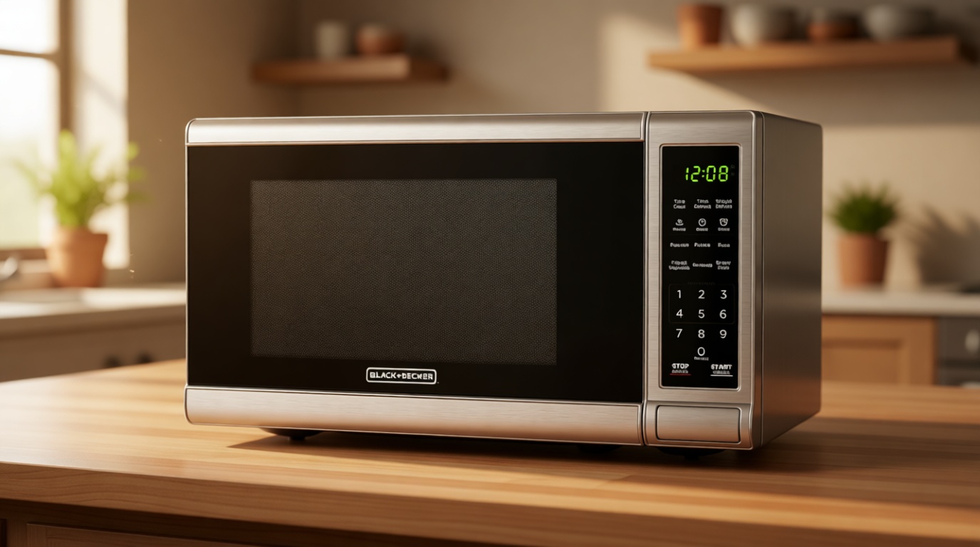 BLACK+DECKER EM720CB7 Digital Microwave Oven with Turntable Push-Button Door, Child Safety Lock, 700W, Stainless Steel, 0.7 Cu.ft