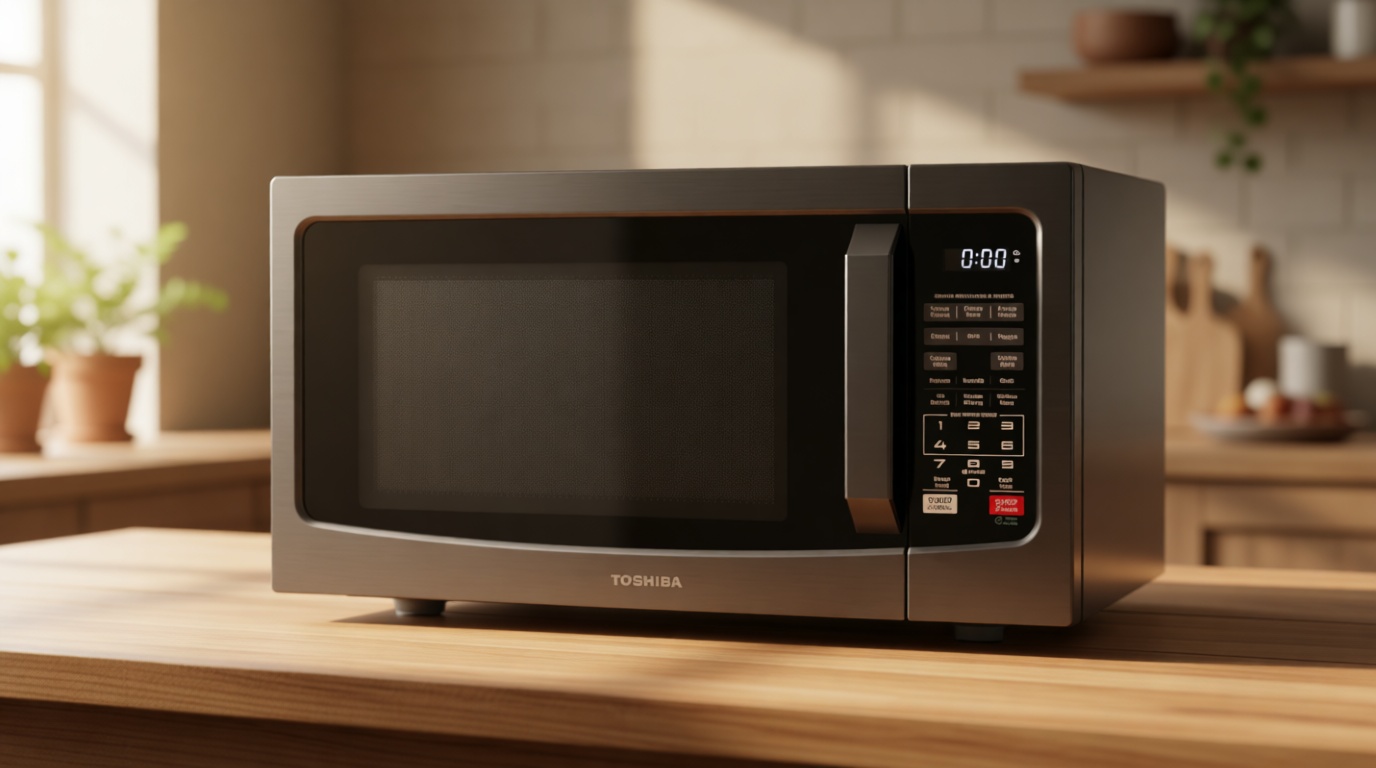 TOSHIBA EM131A5C-BS Countertop Microwave Ovens 1.2 Cu Ft, 12.4" Removable Turntable Smart Humidity Sensor 12 Auto Menus Mute Function ECO Mode Easy Clean Interior Black Color 1000W