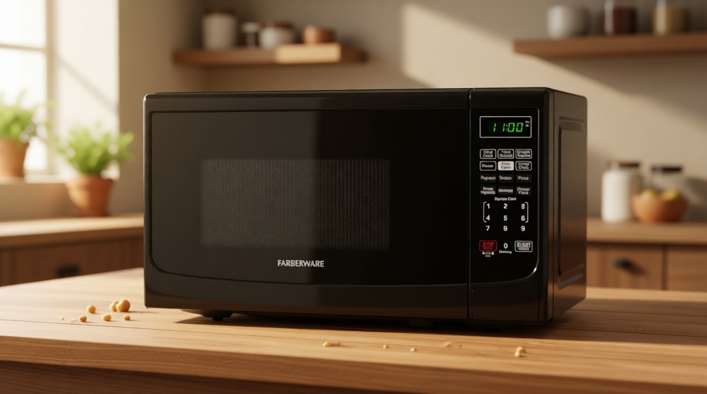 Farberware 0.7 Cu. Ft. Countertop Microwave Oven – 700 Watts Power, Auto Cook Settings, Defrost, Easy Clean and Child Safety Lock - Black