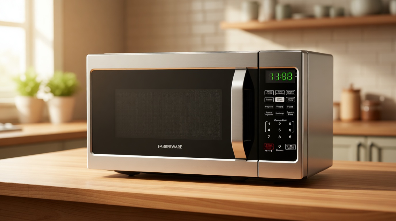 Farberware 0.7 Cu. Ft. Countertop Microwave Oven – 700 Watts Power, Auto Cook Settings, Defrost, Easy Clean and Child Safety Lock - Stainless