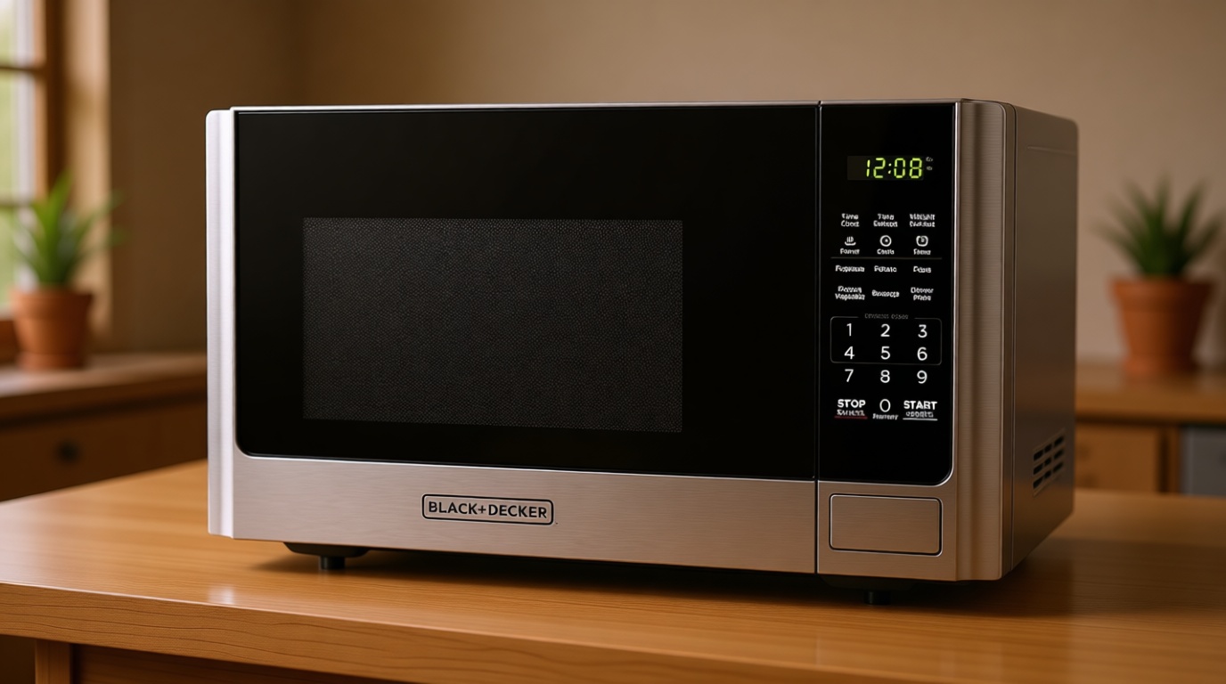 BLACK+DECKER Digital Microwave Oven with Turntable Push-Button Door, Child Safety Lock, Stainless Steel, 0.9 Cu Ft