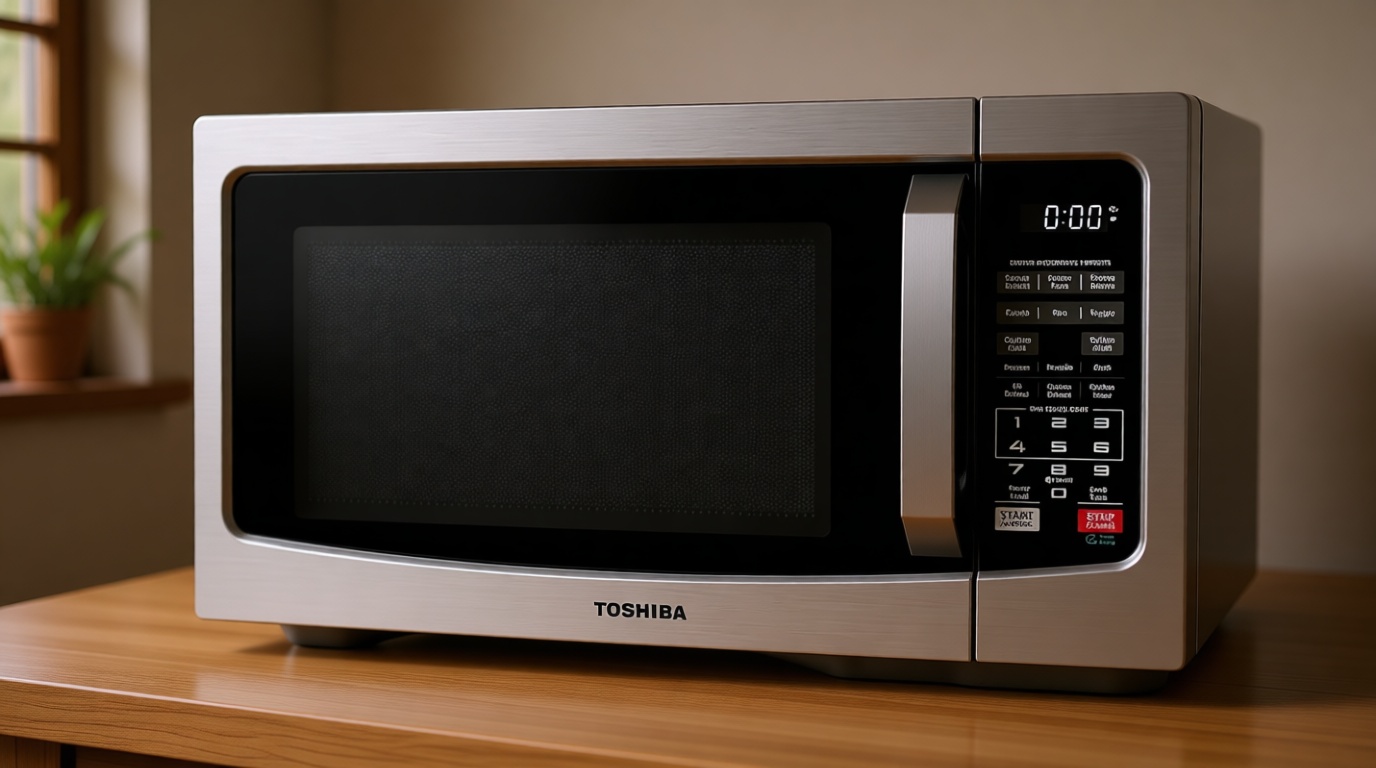 TOSHIBA EM131A5C-SS Countertop Microwave Ovens 1.2 Cu Ft with 12.4" Removable Turntable Smart Humidity Sensor, 12 Auto Menus Mute Function ECO Mode Easy Clean Interior, 1000W, Silver