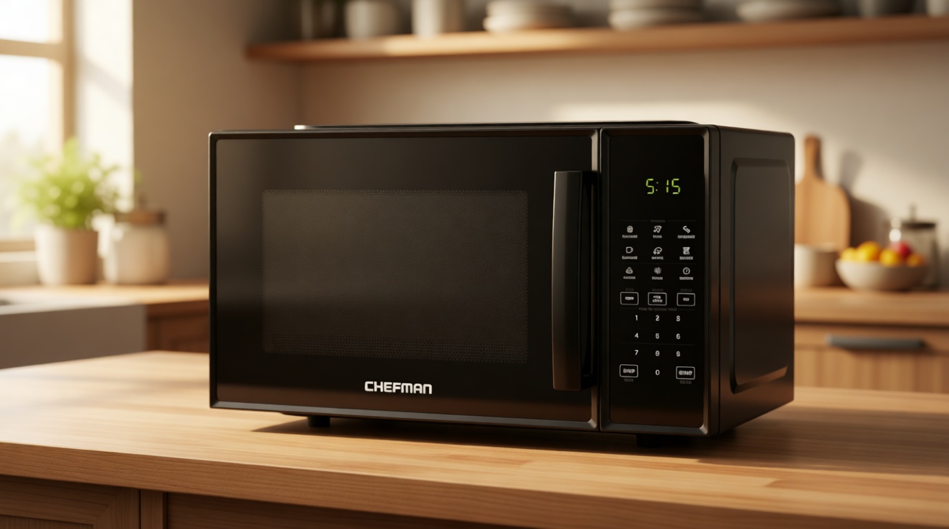 Chefman Countertop Microwave Oven 0.9 Cu. Ft., 900 Watts with 10 Power Levels, 6 Cooking Presets with One-Touch Express Cook, Eco Mode, Child Safety Lock, & Mute Button - Black