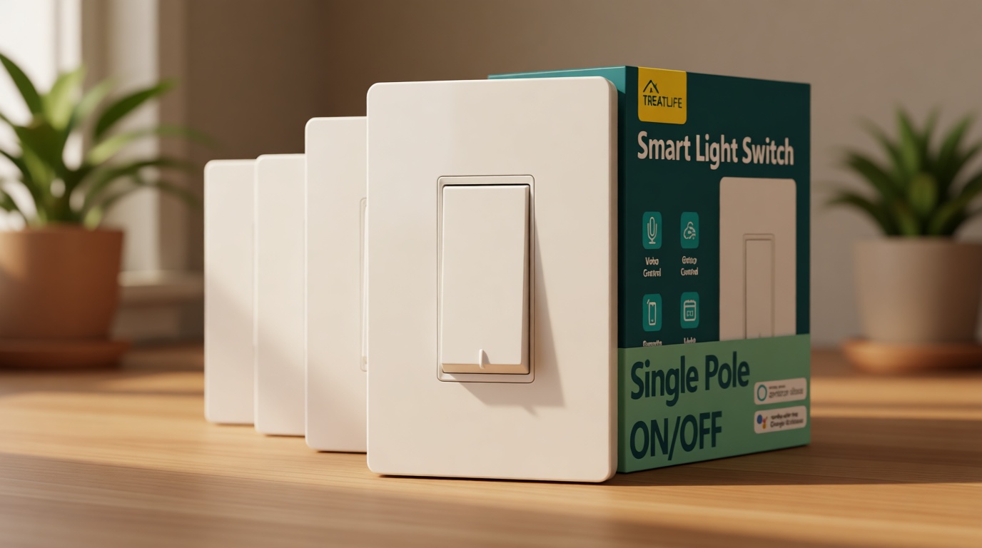 TREATLIFE Smart Light Switch Single Pole Works with Alexa, Google Home and SmartThings, 2.4GHz WiFi Timer Smart Switch, Neutral Wire Required, No Hub Required, FCC Listed, 4 Pack