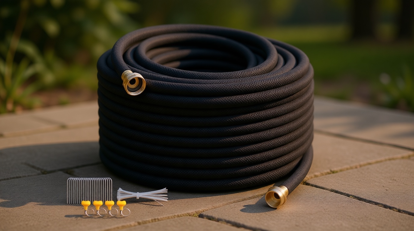 Heavy Duty Soaker Hose 150FT 1/2 Inch Rubber Garden Drip Irrigation Hose with Solid Brass Connector Water Saving Linkable Soaker Hose for Garden Bed Flower Vegetable Lawn