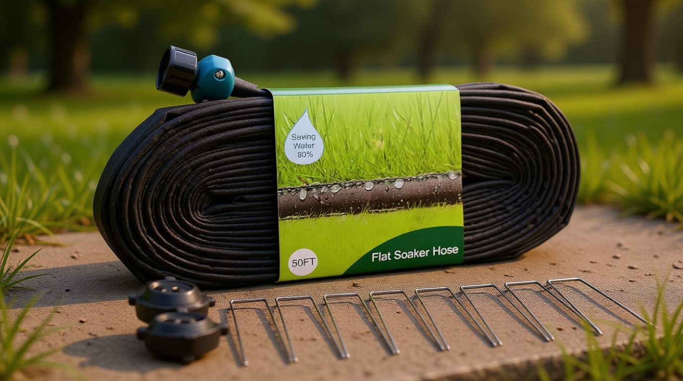 Hourleey Flat Soaker Hose 50 FT for Garden, 50' Linkable Consistent Drip Irrigation Hose, Leak-free Dual-layer Design Saving 80% Water Garden System Water Hose with Holes